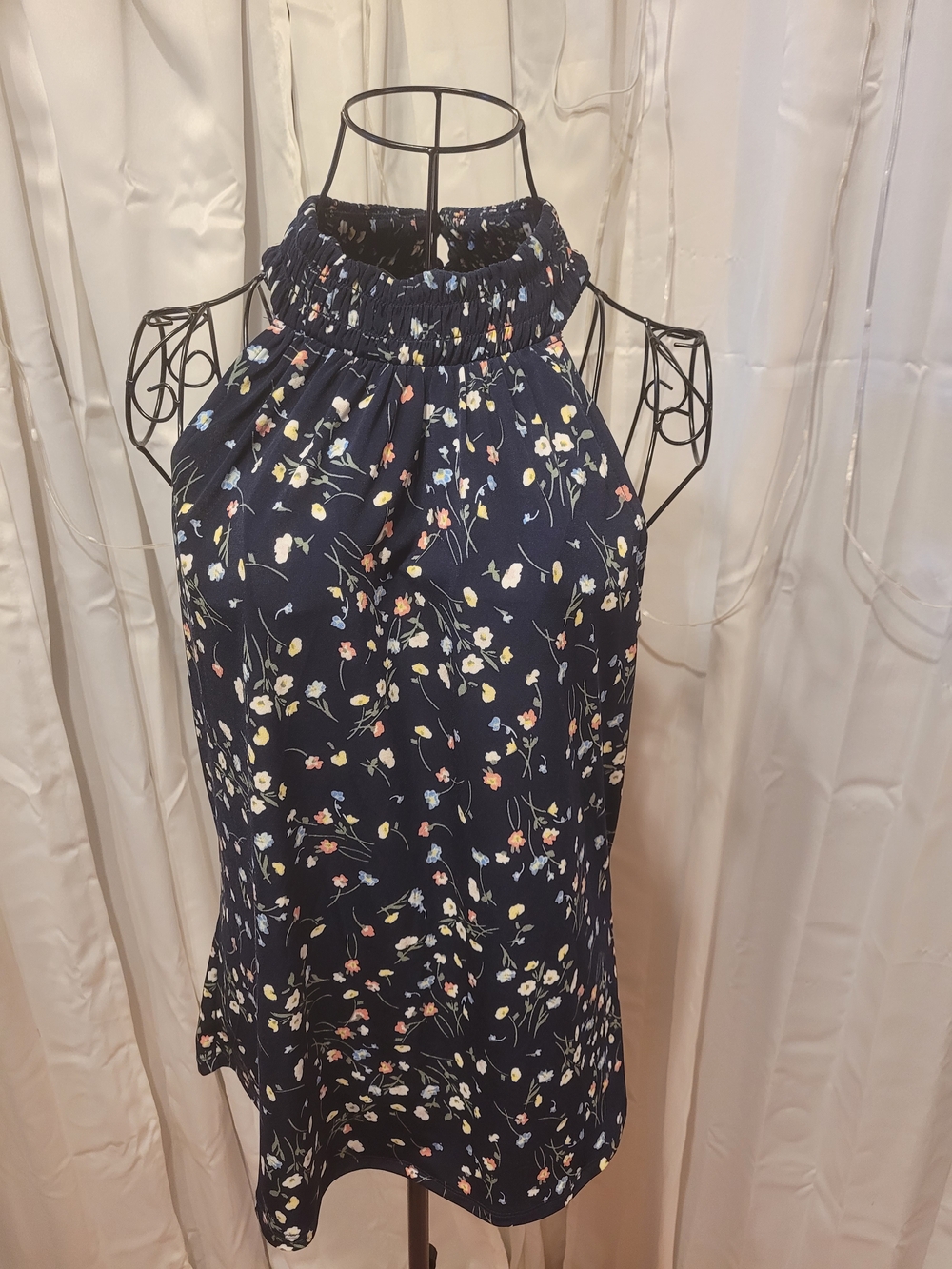 Smocked Halter Floral Top in Navy - Unbranded